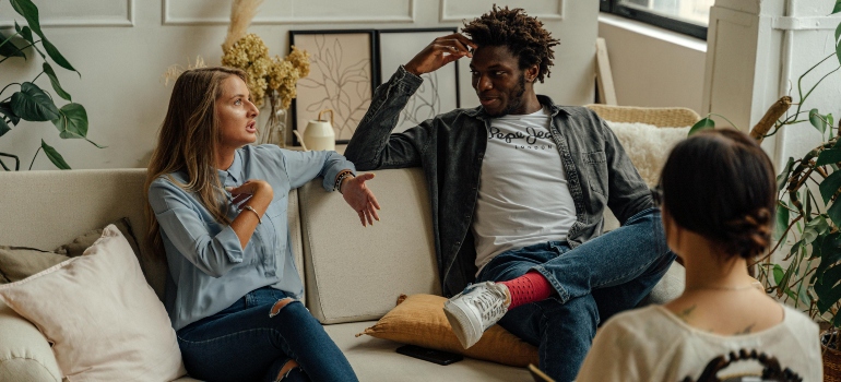 A couple in a therapy session talking about when stress becomes something more serious